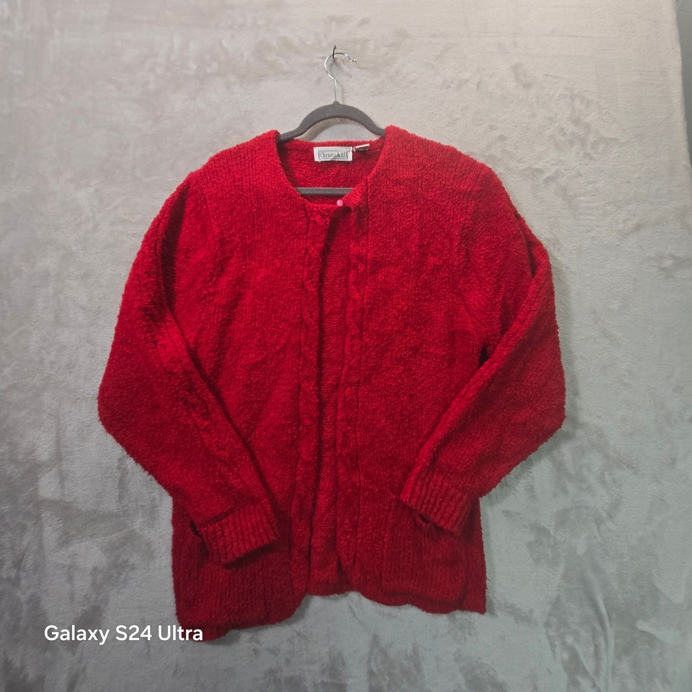Christopher & Banks Red Popcorn Knit Open Front Cardigan Sweater Pockets XL